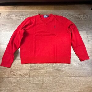 Polo Ralph Lauren Men's V-Neck 100% Lambswool Red Sweater Holiday Classic XXL